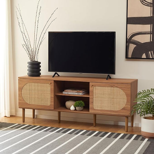 SAFAVIEH Claude TV Stand for up to 65" Flatscreen – Oak, 2 Sliding Doors with Interior Storage, 2 Open Shelves, Entertainment Media Console (MED9610D)