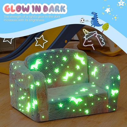 Lamerge 2-in-1 Toddler Couch,Glow in The Dark Baby Floor Bed,Foldable Toddler Chair Kids Sofa for playroom,Convertible Sofa to Lounger for Girls and Boys (Rainbow and Unicorn)