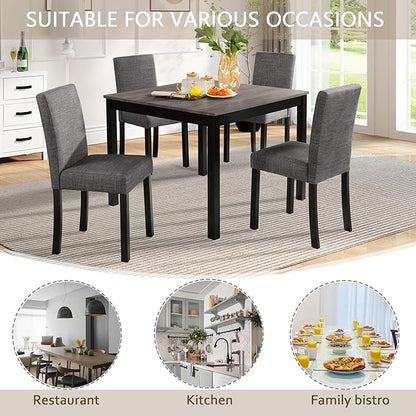 KEIKI 5-Piece Standard Height Dining Table Set with Square Table and 4 Upholstered Curved Backrset Chair, for 4 Person, Modern Wooden Table Set, Easy Assembly, for Kitchen, Dining Room, Black+Gray