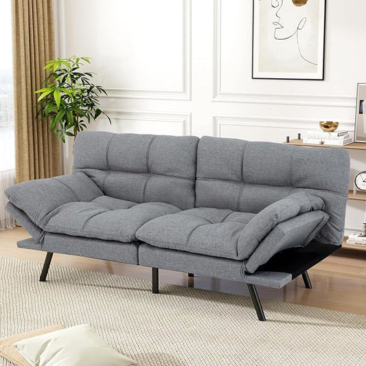 Vipbear Futon Sofa Bed Couch, 71" Convertible Sofa Bed, Space-Saving Loveseat with Adjustable Backrest & Armrest for Living Room,Apartment,Office,Medium Grey Sleeper Sofa