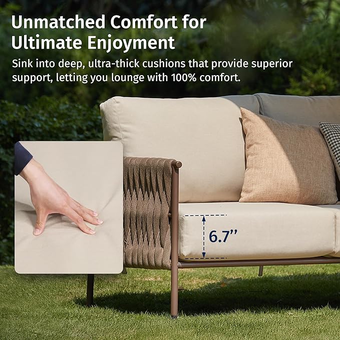 EAST OAK 3-Piece Patio Furniture Set | Life Chatter 4-Seat Outdoor Furniture | Sectional Sofa Set with Round Coffee Table | Deep Seating Sofa with Thick & Washable Cushions | Chestnut & Apricot