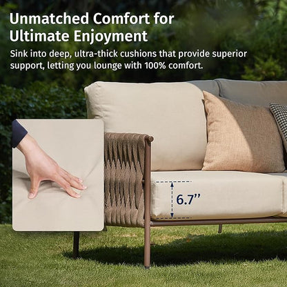 EAST OAK 3-Piece Patio Furniture Set | Life Chatter 4-Seat Outdoor Furniture | Sectional Sofa Set with Round Coffee Table | Deep Seating Sofa with Thick & Washable Cushions | Chestnut & Apricot
