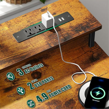 47 Inch Computer Gaming Desk with Power Outlets LED Lights Reversible Home Office with Adjustable Fabric Storage Drawers for Working Writing Study, Rustic Brown