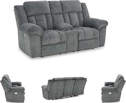 Signature Design by Ashley Tip-Off Modern Wall Hugger Power Reclining Loveseat with Adjustable Headrest, USB Ports, Storage and Cup Holders, Gray