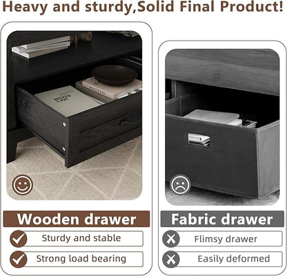 GarveeHome Farmhouse Coffee Table with Drawers, 47.2" Center Table Rustic Coffee Tables Black Living Room Table, with Open Shelf and 6 Support Legs