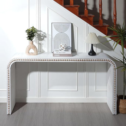 KEIKI Wood Console Table Behind Couch & Sofa, Retro Style with Curved Waterfall & Wood Beads Design, for Entryway, Living Room, Antique White