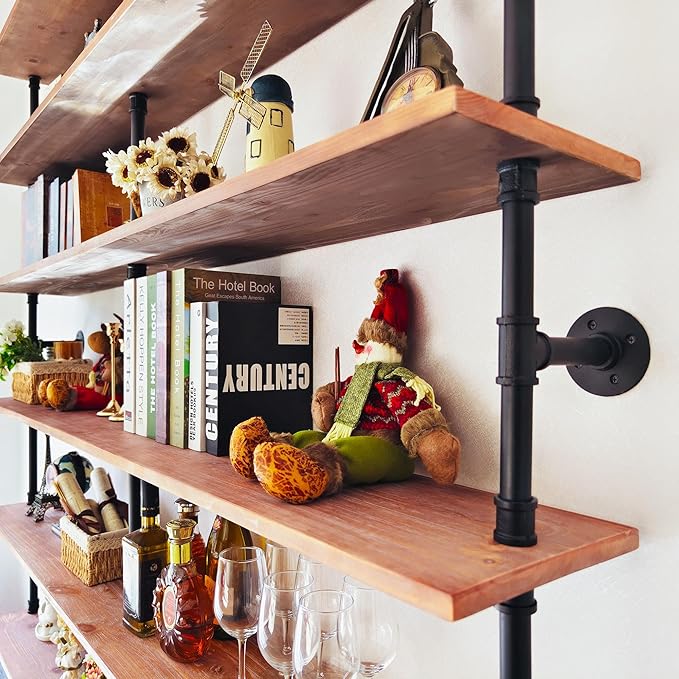 Industrial Ladder Shelf Bookcase, Wall Mounted Rustic Bookshelf, Retro Wood Metal Pipe Industrial Shelves for Living Room(Weathered Brown, 6 Tier - 10" D x 70" W x 82.5" H)