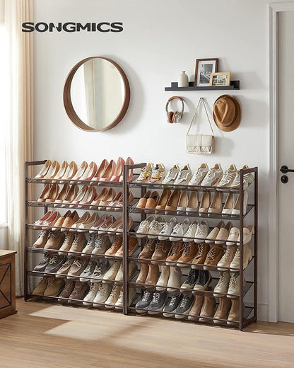 SONGMICS Shoe Rack, 12-Tier Shoe Organizer, Metal Rack for Garage, Set of 2, 6-Tier Stackable Shelf, with Adjustable Flat or Angled Shelves, Holds 48-60 Pairs, Bronze ULMR12A