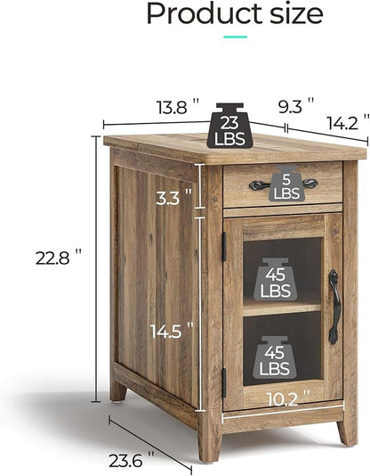 LINSY HOME End Table Set of 2 with Charging Station, Modern Farmhouse Sofa Couch Side Table, Wooden Bedside Table for Living Room, Nightstand with Storage Cabinet for Small Space, Brown, Glass Door