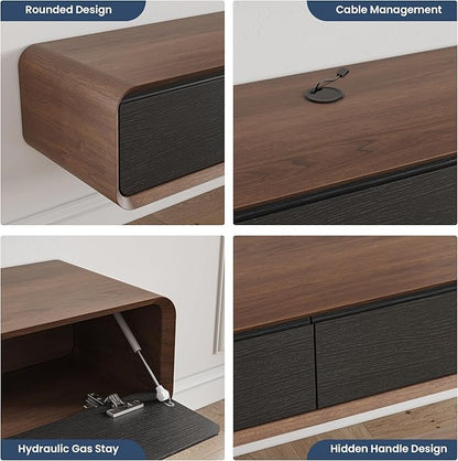 POVISON Fully-Assembled Minimalist Floating TV Stand, Modern Wall-Mounted Entertainment Center with 4 Flip-Down Cabinet Doors, Solid Wood Media Console, Walnut Veneer, 94"
