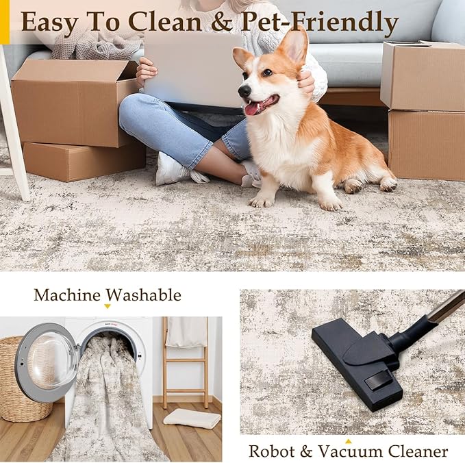 2x10 Washable Runner Rug Brown Grey Neutral Abstract Hallway Kitchen Living Room Bedroom Non Slip Throw Rug Soft Low Pile Indoor Carpet for Entrance Laundry Bathroom