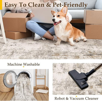 2x10 Washable Runner Rug Brown Grey Neutral Abstract Hallway Kitchen Living Room Bedroom Non Slip Throw Rug Soft Low Pile Indoor Carpet for Entrance Laundry Bathroom
