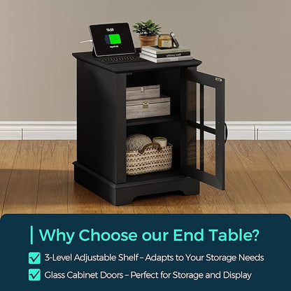 LINSY HOME End Table with Charging Station, Modern Side Table with Storage Cabinet and Adjustable Shelf, Small Sofa Table for Living Room, Home Office, Black