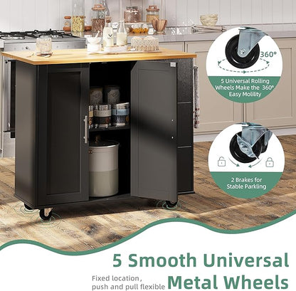 Shintenchi Rolling Kitchen Island Cart with Folding Drop Leaf Breakfast Bar, Portable Trolley Island with Large Storage Cabinet, Shelf and Drawer, Black