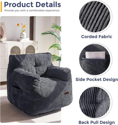 MAXYOYO Bean Bag Chair, Tufted Bean Bag Couch Lazy Chair, Living Room Sofa Couch with Filler for Adult Teens Kids, Corded Fabric Accent Sofa for Bedroom Dorm, Dark Grey