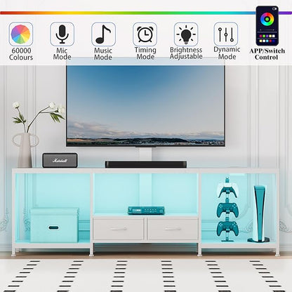 63" W TV Stand with Mount for 55,65,75" TV,Entertainment Center with Power Outlet and Led Lights,Height Adjustable TV Console Table with Open Storage Shelves and Fabric Drawers (White, 63" W)