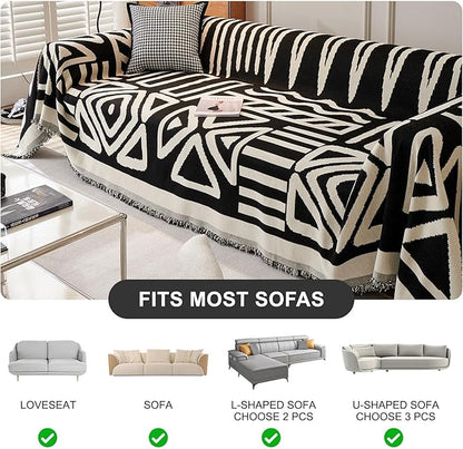STACYPIK Durable Boho Couch Cover for Dog Anti-Scratch Black White Triangle Sofa Cover for 2 Cushion Couch Anti Slip L Shaped Couch Cover Reversible Loveseat Covers Multi-Use Sofa Throw Cover-91X118IN