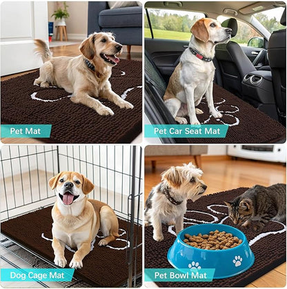 OLANLY Door Mat for Muddy Dog Paws 24x16, Ultra Absorbent Chenille Mud Doormat with Paw Print Design, Non-Slip Washable Doormat for Indoor Entryway, Quick-Dry Pet Bed Mats for Dirty Dogs, Brown