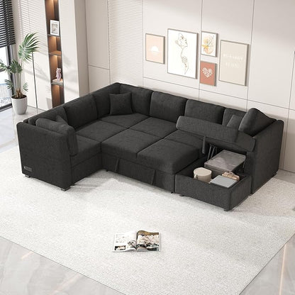 Ball & Cast 108.6" Sleeper Sectional Pull Out Sofa with 2 USB Ports,Two Power Sockets,Versatile U-Shape Couch w/ 3 Back Pillows and Storage Chaise,for Living Room,Office,Apartment,Black