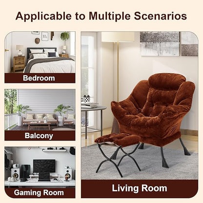 Fabric Lazy Chair with Ottoman, Oversized Upholstered Sofa Chair for Adults, Plush Comfy Lounge Chair with Large Side Storage Pocket, Reading Chair for Living Room, Bedroom, Study Room, Brown