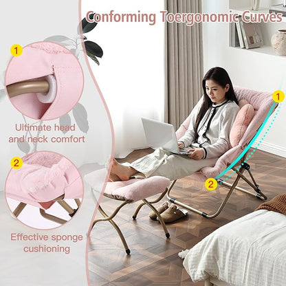 Welnow Comfy Saucer Chair with Ottoman, Oversized Folding Reading Chair for Adults with Throw Pillow Soft Faux Fur Lounge Chair for Bedroom Furry Accent Chair for Living Room, Dorm Rooms, Pink