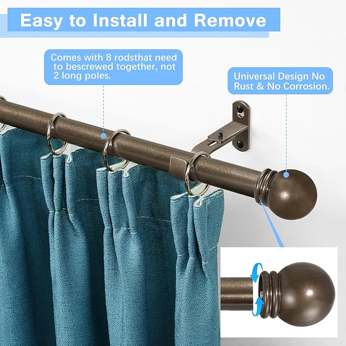 Curtain Rods for Windows 16 to 120 Inches, Curtain Rod Max Adjustable Length of 132 IN, 6/8" Diameter Drapery Rods Round Finials, Brown, Pack of 2