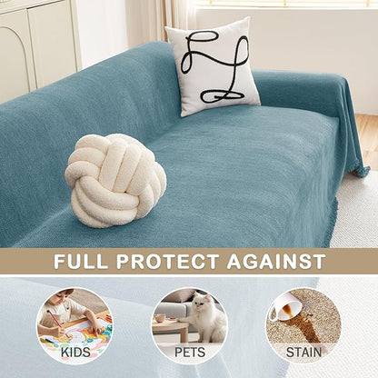 hyha Couch Cover for Dogs, Boho Sofa Covers for 3 Cushion Couch Washable, Chenille Sofa Slipcover for Pets, Soft Loveseat Sectional Couch Throw Blankets with Tassels (Blue, 88.5x150 Inch)