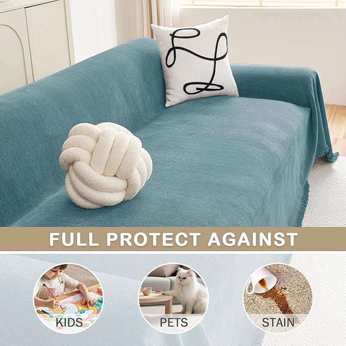 hyha Couch Cover for Dogs, Boho Sofa Covers for 3 Cushion Couch Washable, Chenille Sofa Slipcover for Pets, Soft Loveseat Sectional Couch Throw Blankets with Tassels (Blue, 71x118 Inch)