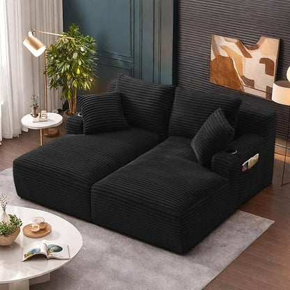 Oversized Sectional Double Chaise Lounge, Compressed Boneless Lounge Chaise with Cupholders, Boneless Sofa with Deep Seat, Fluffy Modern Sleeper Loveseat for Indoor Living Room, Black