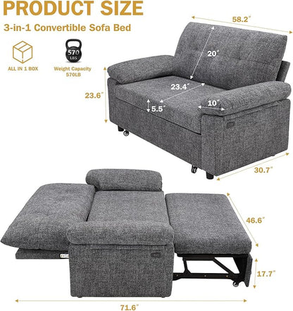 Vipbear 3-in-1 Chenile Convertible Sofa Bed, Pull Out Sleeper Sofa with USB Charging Station/Reclining Backrest/Side Pocket, Loveseat for Living Room, Apartment, Tool-Free Assembly, Dark Grey