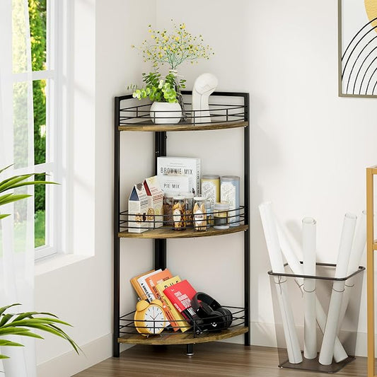 Bathroom Corner Shelf Stand, 3-Tier Small Corner Shelves, Triangular Curved Standing Bathroom Shelf Unit for Small Spaces, Ideal for Kitchen, Vanity Storage and Organization - Brown