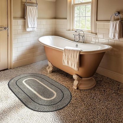 Homespice Manchester Braided Oval Rugs 20x30 - Black and Tan Jute Kitchen Rug for Country Primitive Decor