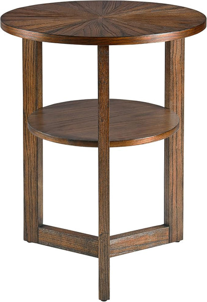 MODERION Round End Table, Rustic Side Table with Storage Shelf, Classic Circular Solid Wood Beside Table, 2-Tier Telephone Table, Nightstand, 24”H x 19.3”D for Living Room Vintage Brown BZ3338NC