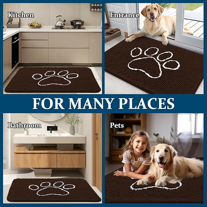 OLANLY Door Mat for Muddy Dog Paws 70x24, Ultra Absorbent Chenille Mud Doormat with Paw Print Design, Non-Slip Washable Doormat for Indoor Entryway, Quick-Dry Pet Bed Mats for Dirty Dogs, Brown