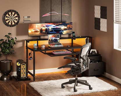 AODK Computer Desk with Drawers and Keyboard Tray, 48" Office Desk with Power Outlet and LED Lights, Reversible Study Work Desk with Printer Shelf and PC Stand for Home Office, Black