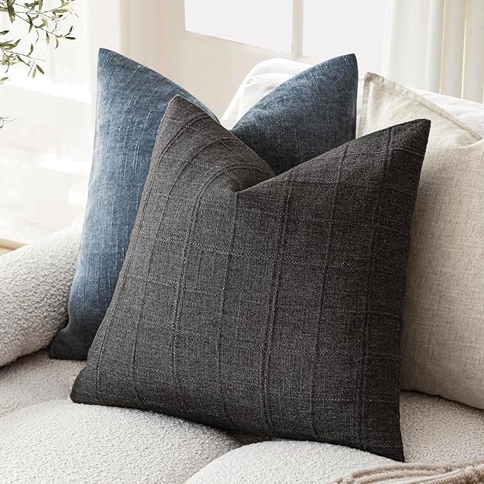 Foindtower Set of 2 Decorative Linen Check Throw Pillow Covers Neutral Farmhouse Vintage Cushion Covers Modern Boho Home Decor for Sofa Chair Couch Bedroom Living Room Outdoor,26×26 Inch,Charcoal