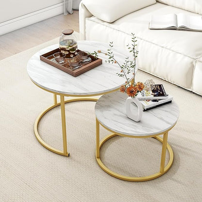 Round Coffee Table Set of 2 End Tables for Living Room,Circular and Marble Nesting Coffee Table Wooden Accent Furniture with Golden Metal Frame,Stacking Side Tables,White
