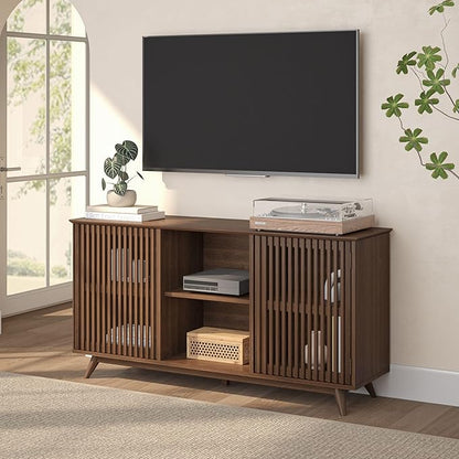 Plank+Beam Mid-Century Modern Wood TV Stand, Solid Wood Entertainment Console with Storage, 59" L x 16" W x 30" H, Walnut