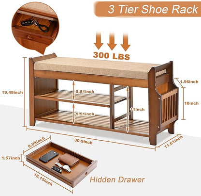 Shoe Storage Bench for Entryway, Bamboo Entryway Bench with Hidden Drawer and Side Brackets,2-Tier Shoe Rack Organizer for Entryway, Hallway,Bedroom and Bathroom
