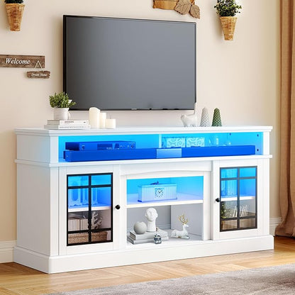 YITAHOME White TV Stand for 75 Inch TV, LED Modern Entertainment Center with Adjustable Shelves and Glass Doors, 32'' Tall Television Stands TV Media Console Table for Living Room, White