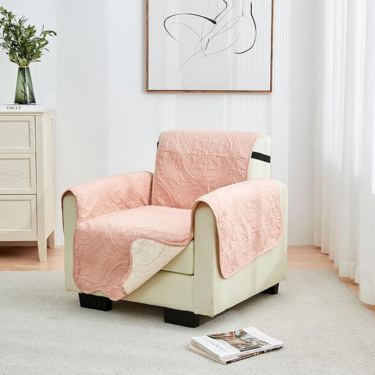 Great Bay Home Reversible Chair Cover - Washable Slipcover Furniture Protector with Elastic Straps - Chair Cover for Dogs, Kids, and Pets - Quilted & Stitched Detail (Chair, Dusty Rose/Taupe)