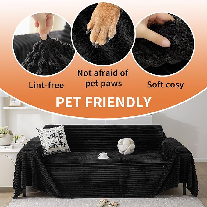 HAOMAIJIA Faux Fur Sofa Covers Couch Covers for 2 Cushion Couch Sofa Pet Friendly Soft Non Slip Couch Cover for Dogs Washable Sectional Couch Covers L Shape Furniture Protector (Black, 71"x118")