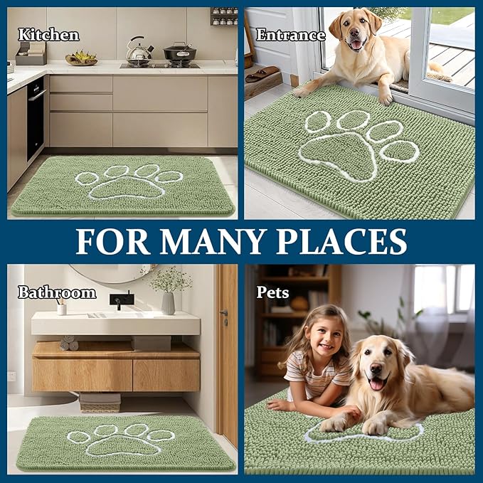 OLANLY Door Mat for Muddy Dog Paws 70x46, Ultra Absorbent Chenille Mud Doormat with Paw Print Design, Non-Slip Washable Doormat for Indoor Entryway, Quick-Dry Pet Bed Mats for Dirty Dogs, Sage Green