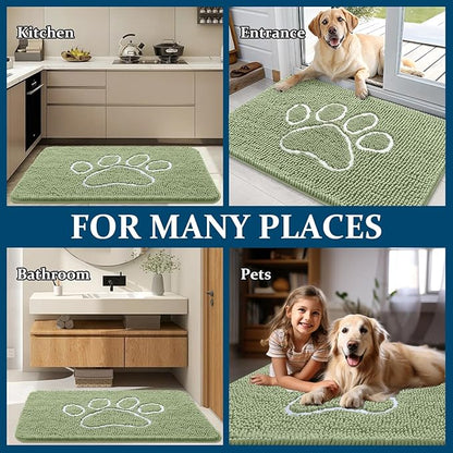 OLANLY Door Mat for Muddy Dog Paws 70x46, Ultra Absorbent Chenille Mud Doormat with Paw Print Design, Non-Slip Washable Doormat for Indoor Entryway, Quick-Dry Pet Bed Mats for Dirty Dogs, Sage Green