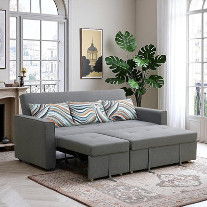 77 Inch Convertible Pull Out Sofa Bed, Sleeper Couch with Fluffy Fabric, 3 Seat Living Room Sofa Set with Adjustable Backrest for Living Room, Bedroom, Apartment, Grey