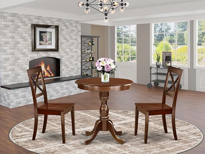 East West Furniture ESBO3-MAH-W 3 Piece Dining Room Table Set Contains a Round Kitchen Table with Pedestal and 2 Dining Chairs, 30x30 Inch, Mahogany