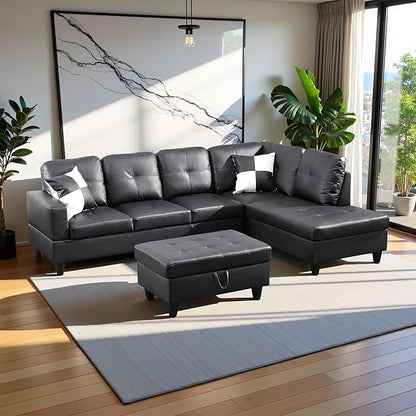 103.5" Oversized Sectional Couch, L Shaped Couch with Storage Ottoman, Modern Modular Sofa with Deep Seat, Sectional Couches for Living Room and Office, Jet Black (Faux Leather)