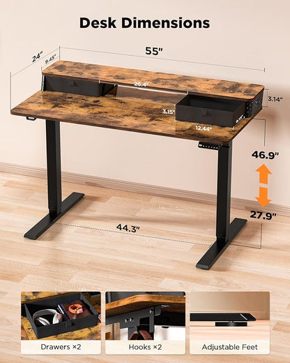 55x24 Inch Standing Desk with Double Drawers,C-Clamp Mount Compatible,Electric Adjustable Height Computer Stand Up Desks, Home Office Sit Stand Table with 3 Preset Heights & Hooks, Rustic Brown