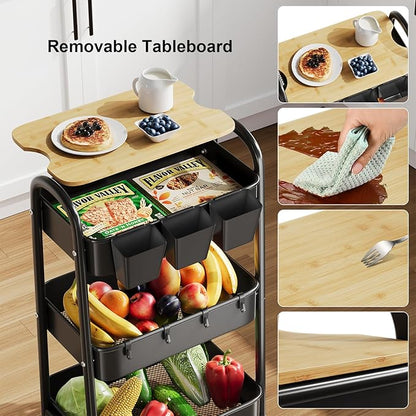 3 Tier Metal Rolling Cart with Wheels and Wooden Table Top, Three Tiered Craft Cart Organizer on Wheels, Black Storage Utility Carts for Art, Diaper Caddy, Baby Nursery, Office, Laundry, Snack, Book