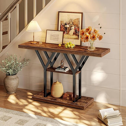 Huuger 47.2 Inch Entryway Table, Industrial Console Sofa Table, 3 Tier Accent Table, for Entry, Hallway, Entrance, Foyer, Y-Shaped Metal Base, Rusitc Brown